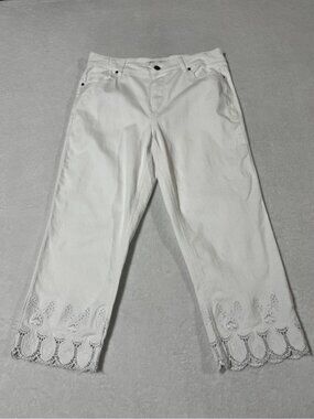 C EST. 1946 White Cropped Jeans Embroidered Scalloped Hem Wide Legs Size 14